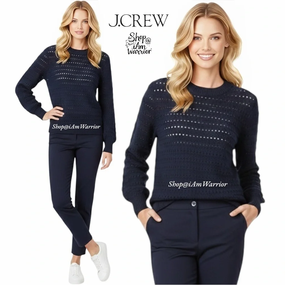 J.Crew NWT navy striped pointelle balloon sleeve cotton blend crewneck sweater